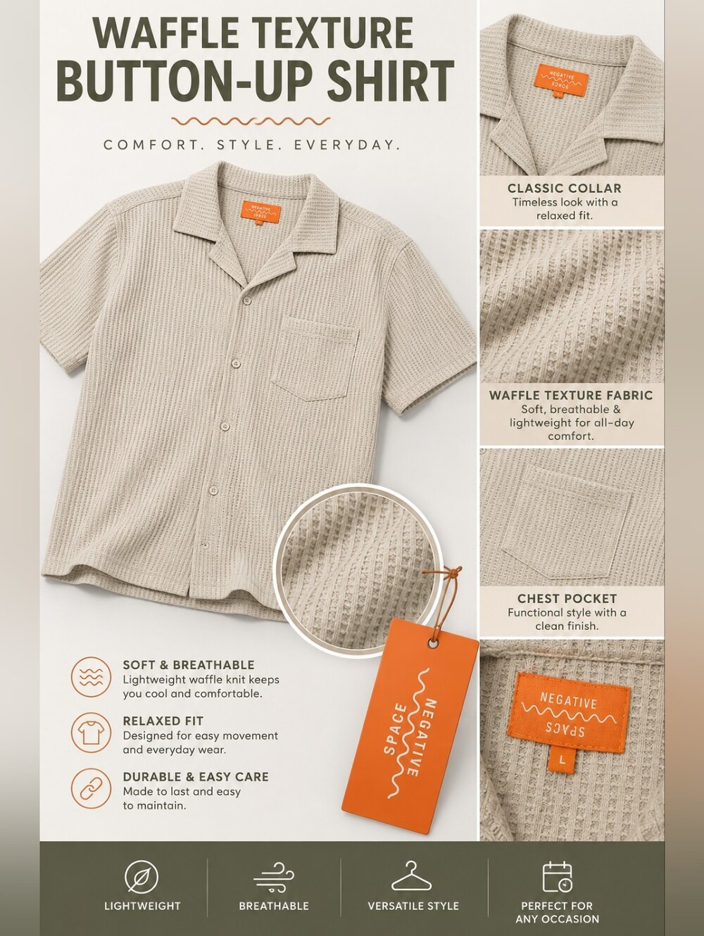 Negative Space Beige Waffle-Textured Short-Sleeve Button-Down Shirt